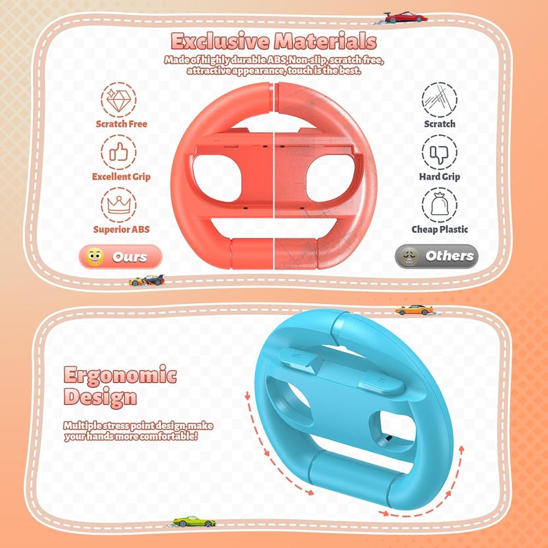 FASTSNAIL [Switch 1/2 Compatible] Steering Wheels for Nintendo Switch 2/1/OLED for Joy-Con 2, Racing Wheels for Mario Kart World/8 Deluxe Gaming, Universal Joypad Wheels 2 Pack (Orange,Blue) - Image 3